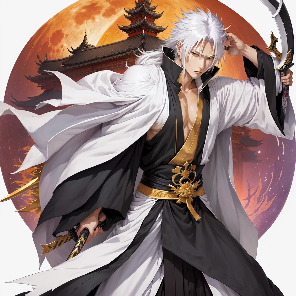 anime character with sword and robe holding a sword in front of the full moon, bleach manga style, Ichigo Kurosaki, Beautiful male god of death, Akiyuki Shinbou, Shikanosuke Yagaki, bleach, official art, white fox anime, White haired deity, Kazuya Tsurumaki, A silver haired madman, yakisugi based on the anime Bleach 