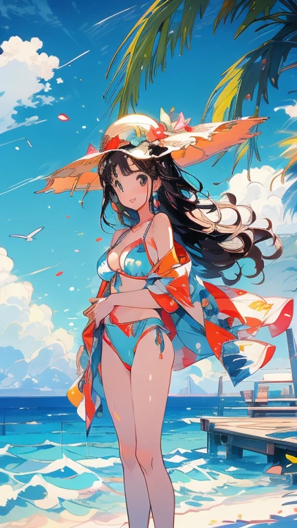 girl, Swimwear, whole body,Large , White Background, smile, Browsing Caution, Are standing