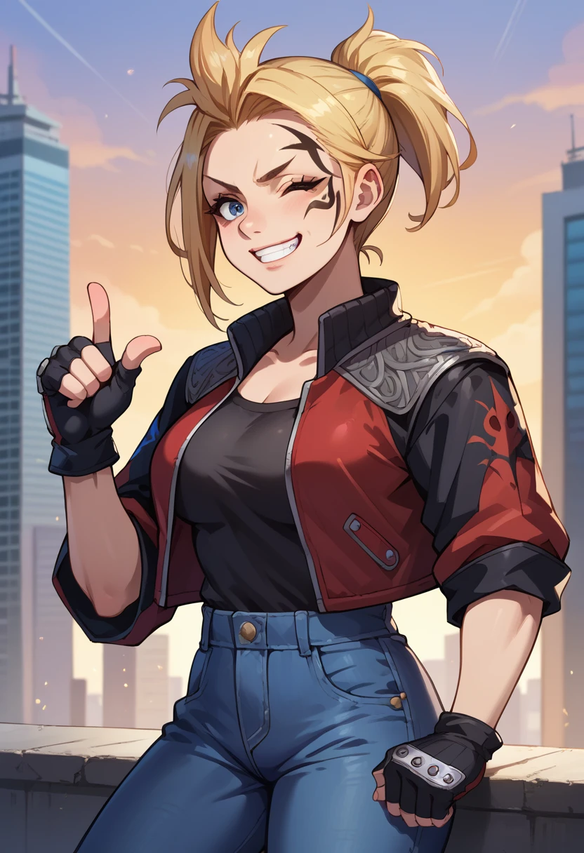 score_9, score_8_up, score_7_up, 1girl, solo, (female:1.5), female focus, female body, solo, zell, solo, blue eyes, gloves, jacket, blonde hair, long hair, medium ponytail, tattoo, gloves, facial tattoo, red jacket, black jacket, two-colours jacket, black shirt, fingerless gloves, denim, standing, grin, winking, single thumbs up, looking at you, city,