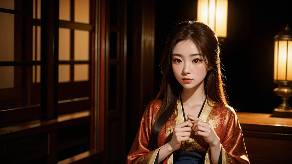 An ultra-beautiful Asian woman with long red and golden blonde hair, playing a richly painted Asian flute, wearing a long black Chinese woman's robe, in a dark room where moonlight streams in through the open balcony window, Chinese garden, night sky, black ink, in the style of Caravaggio, Zhongzheng Fan, and Da Vinci, 8K resolution, hyper-detailed, photorealistic, an art style of oil painting, Sfumato,
Preparing