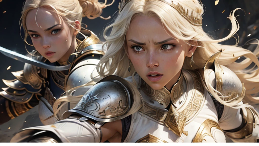 White a blond Womans in white armor, an african woman with a sword, female warriors fighting, intricate detailed armor, detailed facial features, dynamic action poses, chiaroscur in african