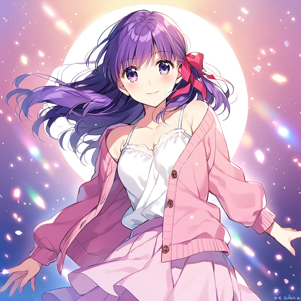 1girl(fate stay night, Matou Sakura, purple hair, side hair ribbon, white camisole, pink cardigan, light pink skirt, light smile), Don&#39;t expose your shoulders