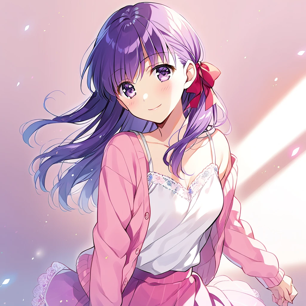 1girl(fate stay night, Matou Sakura, purple hair, side hair ribbon, white camisole, pink cardigan, light pink skirt, light smile), Don't expose your shoulders