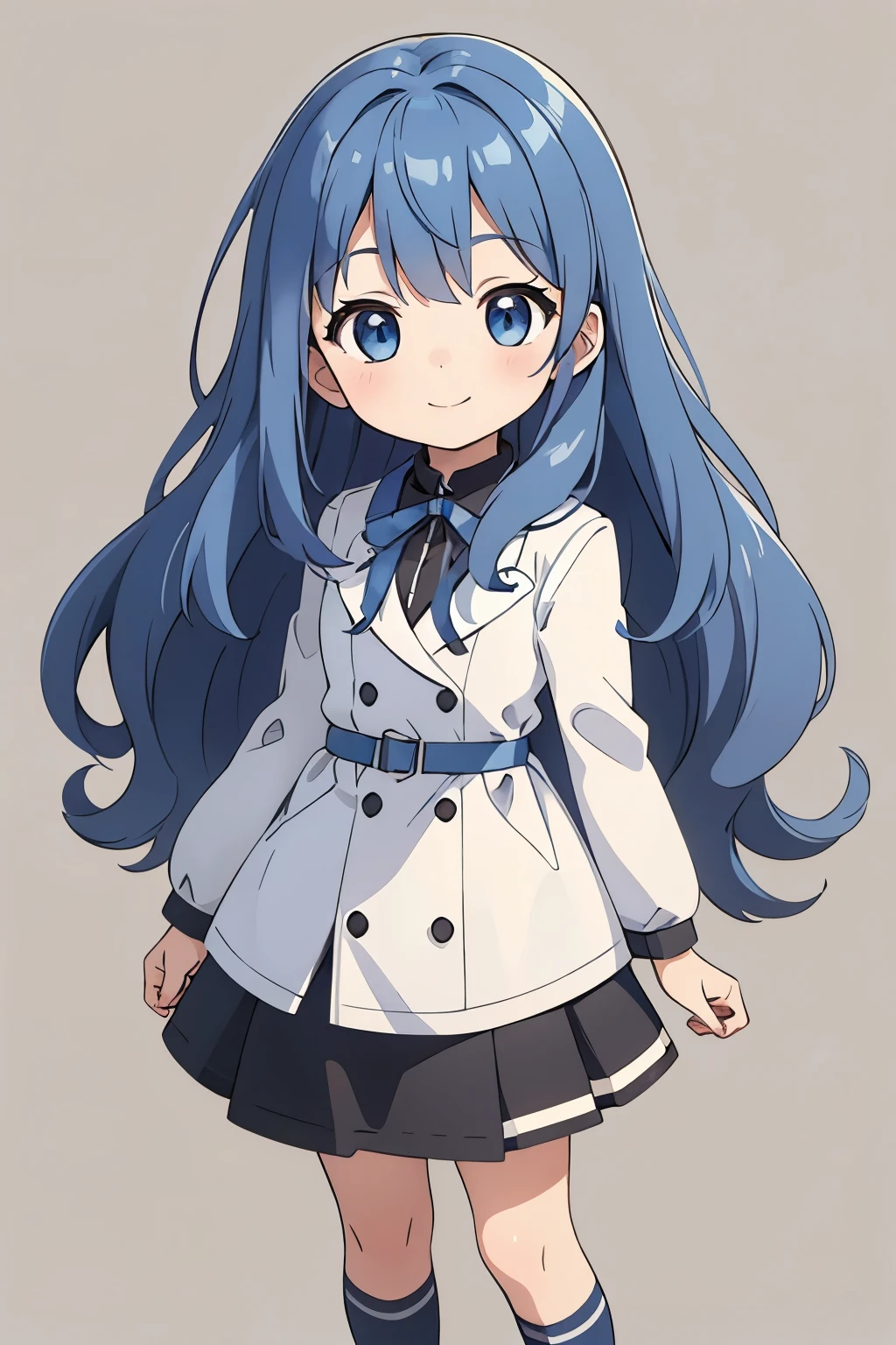 (high-quality, breathtaking),(expressive eyes, perfect face) 1girl, solo, toddler age, short height, age 5, bright blue color hair, dark beige brown eye color, fluffy hair, wavy hair, long hair length, cute smile, childlike face, Symmetrical Eyes, portrait, positive expression, blue ribbons, long socks, standing, looking at viewer, grey background, cowboy shot, skirt, black shirt, white jacket,
