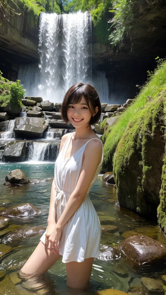 Beautiful woman standing next to a large waterfall,Nahida_Genshin Impact, Cruciform pupil,Short-haired girl、Bathing in a waterfall with a smile