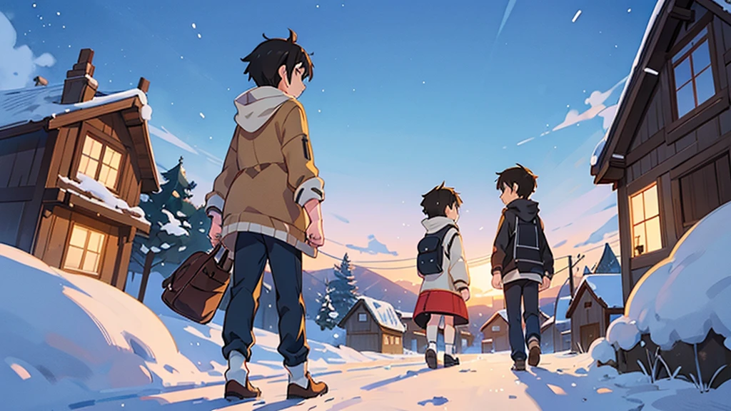 Grupo de jovenes hombres jugando in the snow, in a village, White snow, an image of Makoto Shinkai, several men trending on pixiv, conceptual art, guweiz style artwork, Guweiz and Makoto Shinkai, Sakimichan and Makoto Shinkai, ( ( Makoto Shinkai ) ), in the snow, beautiful anime scene, Kawaii Design, body details watching the boys walk away from behind