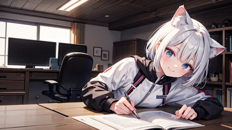 anime style,super fine illustration, masterpiece,best quality,super detailed,8k,BREAK girl,cat years,white short hair,独奏,army jacket,smile,BREAK Get food box.BREAK in commander room,detailed background,