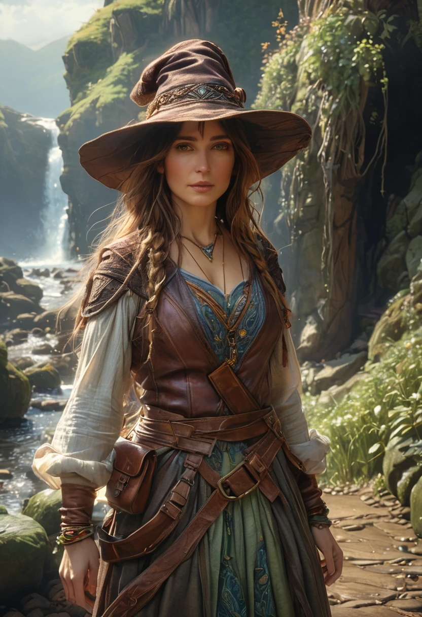 (best quality,4k,8k,highres,masterpiece:1.2),ultra-detailed,(realistic,photorealistic,photo-realistic:1.37), traveler merchant, wear backpack, satchel, weathered traveler outfit, (leather clothes), highly detailed face and body, dramatic lighting, vibrant color, detailed landscape, intricate, ethereal beauty, From Brian Froud and Carne Griffiths and Wadim Kashin and John William Waterhouse, 8K post-production, high resolution, hyperdetailed, depth of field, HDR, intricate