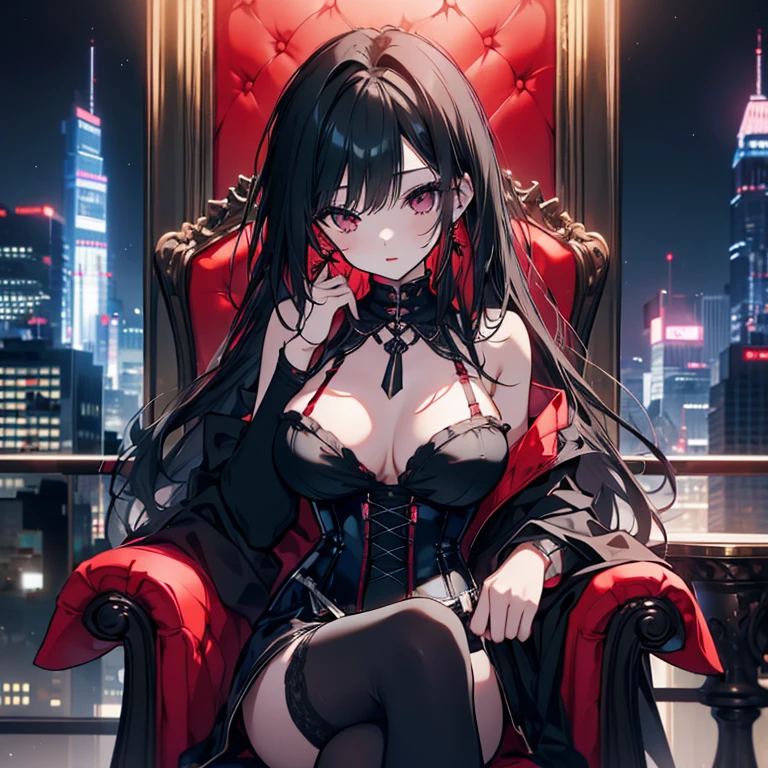 1 girl、Mature、Ample breasts、Long Hair、Black Hair、Straight Hair、Strong Woman、Red Lip、Black Dress、Shoulder Bare、Mini length、corset、City、Night view、Sit in a plush chair、High resolution、Highest quality