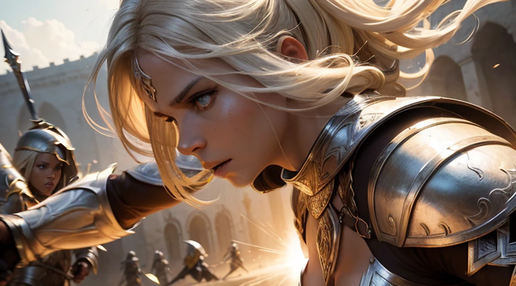 White a blond girl in white armor, an african woman with a sword, female warriors fighting, intricate detailed armor, detailed facial features, dynamic action poses, chiaroscuro lighting, rich saturated colors, fantasy medieval setting, cinematic dramatic composition