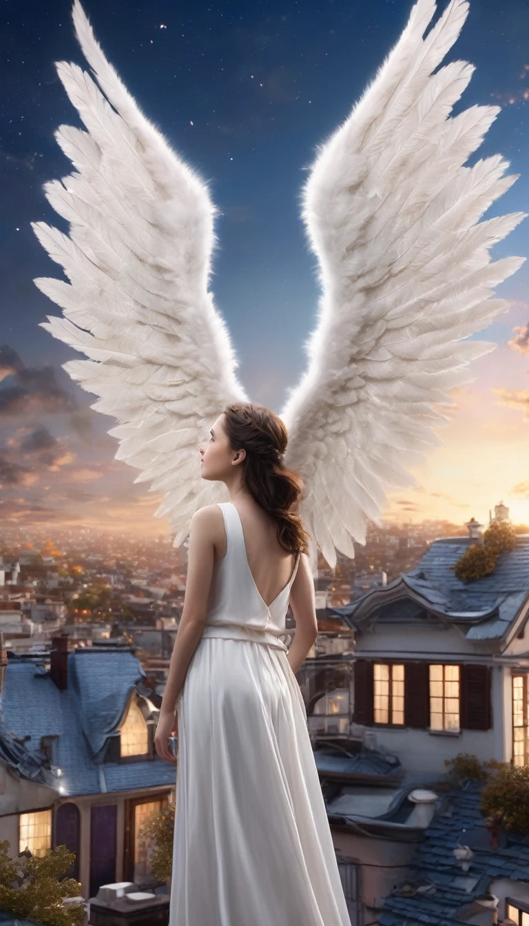 An ultra-high-quality, photo-realistic image of a young Angelical figure standing on her home rooftop, gazing at the sky. With beautiful white wings on her back. The buildings and houses around her are normal and realistic, but the sky is transformed into a grand, planetarium-like scale, filled with fantastical and enchanting elements, as if it’s a virtual reality space. The sky should evoke a sense of wonder and twilight, making the scene incredibly moving and magical. Ensure there is no text in the image.