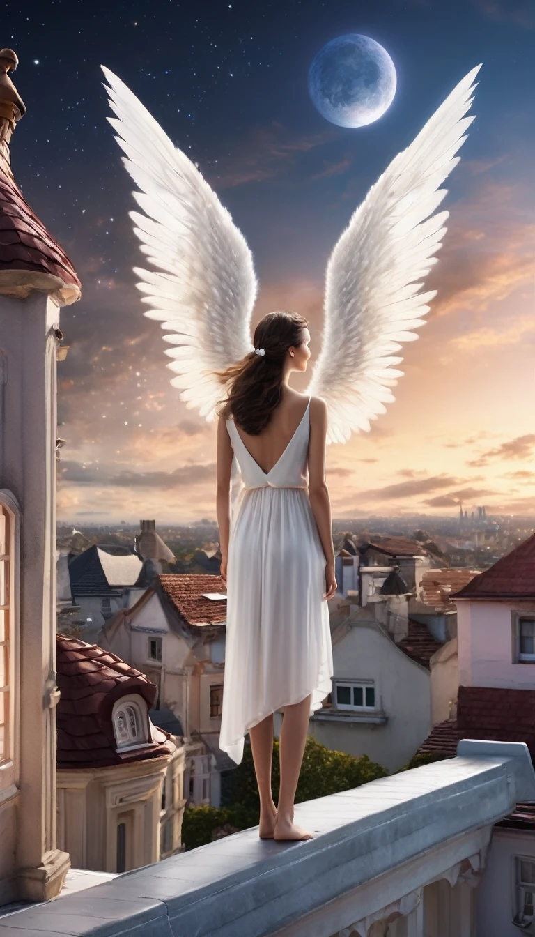 An ultra-high-quality, photo-realistic image of a young Angelical figure standing on her home rooftop, gazing at the sky. With beautiful white wings on her back. The buildings and houses around her are normal and realistic, but the sky is transformed into a grand, planetarium-like scale, filled with fantastical and enchanting elements, as if it’s a virtual reality space. The sky should evoke a sense of wonder and twilight, making the scene incredibly moving and magical. Ensure there is no text in the image.