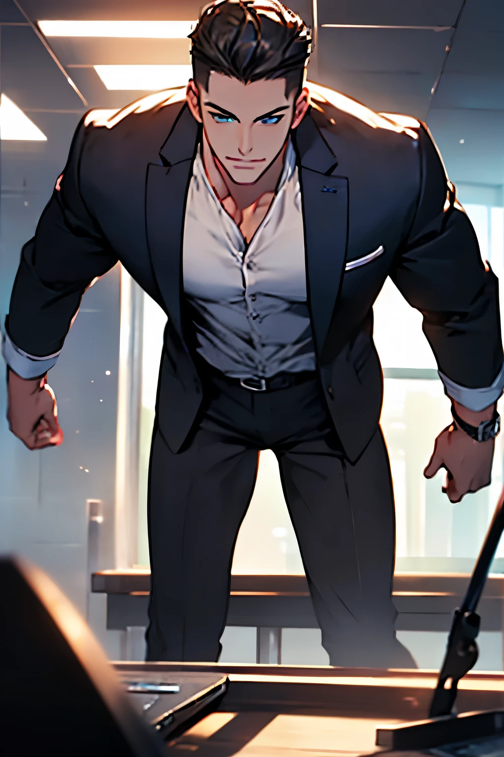 (Best Quality,4k,8k,high resolution,Masterpiece:1.2),ultra detailed,(realist,photorealist,photo-realist:1.37),1 man,31 years,mature man,very handsome,without expresion,muscled body,short gray black hair,Blue eyes,glare,perfect face without mistakes,imposing posture,businessman,office background,cinematic lighting,imagen HDR