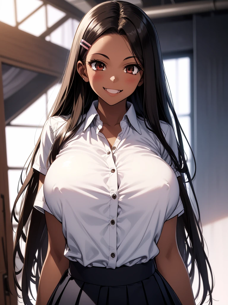 great quality ++ Extremely detailed high resolusionolution, (((very aesthetic))), expressive eyes, (((perfect face))), (((((face symmetrical))))), ((((perfect face)))), (((((good anatomy))))), (((perfect hands))), (((8k)))), UHD, HD wallpaper, (((high detailed calidra, (((((1girl)))))), only, ((((Masterpiece)))), ((((Best quality))))), ((((high resolution)))), Highly detailed, (illustration), beautiful detailed eyes, (((combatant))), (((1girl)))), (((((irisviel von einzbern))))), ((((((brown eyes))))), (((black hair))), (((long hair))), (((dark skin))), (((dark-skinned female))), (((tan))), (((tanlines))), (((hairclip))), (((white shirt))), (((collared shirt))), (((pleated skirt))), ((((fang)))), (((asymmetrical body))), (((asymmetrical hair))), (((asymmetrical clothes))), (((adult body))), (((milfication))), (((mature female))), (((((big breasts))))), ((((Blurred smile)))),