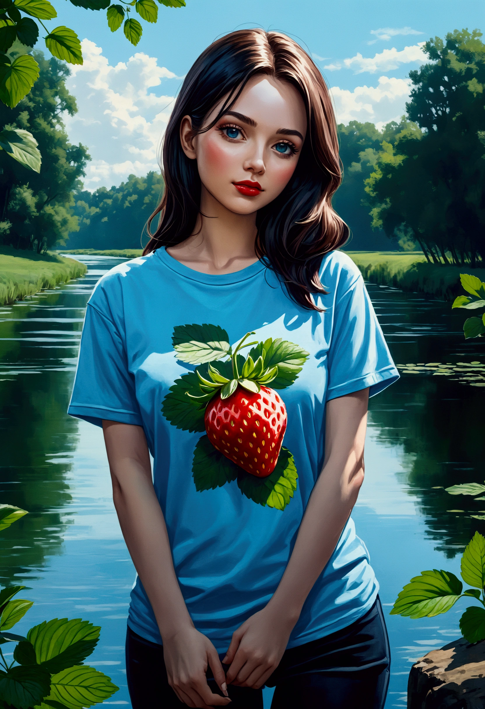 Illustration of a beautiful woman wearing a light blue T-shirt with a single strawberry printed on it, printed T-shirt, on a riverbank, oil painting.