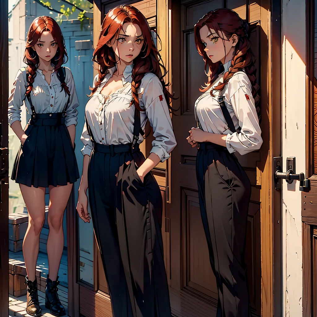 A 20 year old woman, by the wide, (redhead), honey yellow eyes, small braids in her hair, chest a little big, beautiful body, fearful eyes, shy facial and body expressions, full body, black overalls skirt with white blouse, standing at the entrance of a house in front of the door, head on.