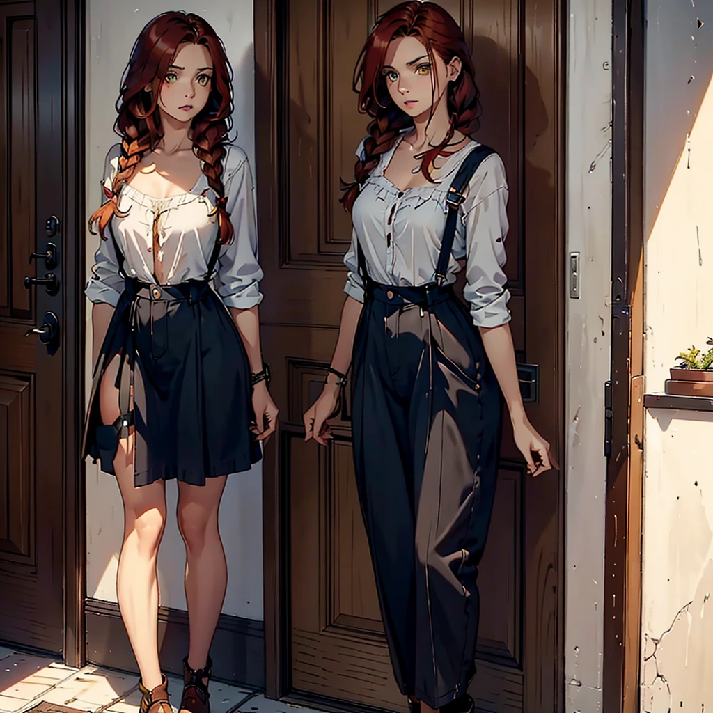 A 20 year old woman, by the wide, (redhead), honey yellow eyes, small braids in her hair, chest a little big, beautiful body, fearful eyes, shy facial and body expressions, full body, black overalls skirt with white blouse, standing at the entrance of a house in front of the door, head on.