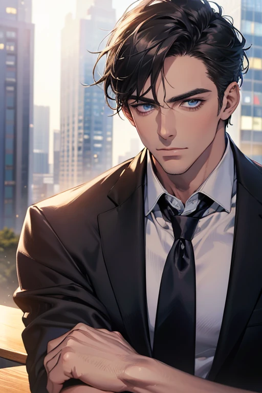 (Best Quality,4k,8k,high resolution,Masterpiece:1.2),ultra detailed,(realist,photorealist,photo-realist:1.37),1 man,31 years,mature man,very handsome,without expresion,muscled body,short gray black hair,Blue eyes,glare,perfect face without mistakes,imposing posture,businessman,office background,cinematic lighting,imagen HDR