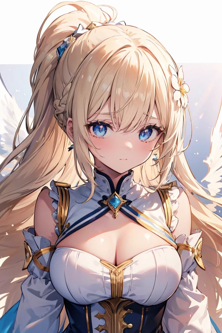 2girls, (wavy ponytail, hair over shoulder, very long hair, very thick hair), blond or white hairs, (beautiful detailed eyes, golden or blue eyes, star-shaped pupil, diamond-shaped pupils), happy tears or mouth hold handerchief, big breast, cleavage, crescent earrings, goddess in casual clothes, 2 pairs of wings, (beautiful detailed jewel leather collar), (hair flower hairpin), lens flare abuse, chromatic aberration, high detail, anime, Romanticism, Op art, depth of field, motion blur, glowing light, film grain, UHD, retina, ccurate, masterpiece, anatomically correct, textured skin, super detail, high details, high quality, award winning, best quality, highres, 16k, hands in the back