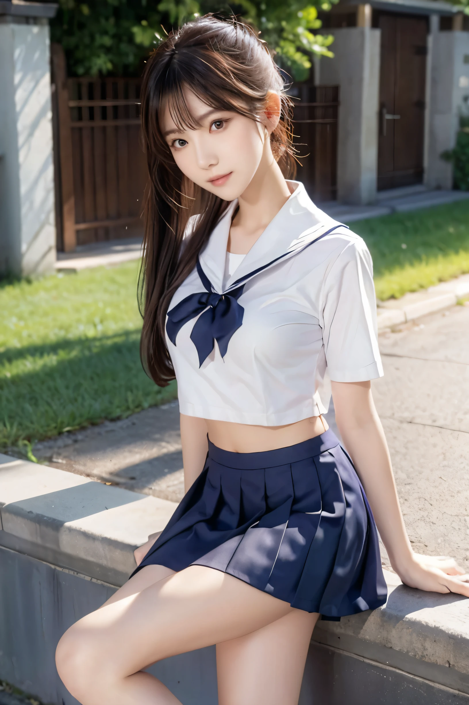 (Ultra HD), (Short-sleeved sailor uniform, Navy blue mini skirt), Big Breasts, slender, Narrow waist, whole body, Standing posture, (Clean and shiny skin, Whitening, No makeup), (Super slim face, Super beautiful face), (ponytail, Layered Cut, Fluffy hair), (double eyelid, Slanted Eyes), Small Nose, Thin lips, Thin legs, In front of the school gate, evening