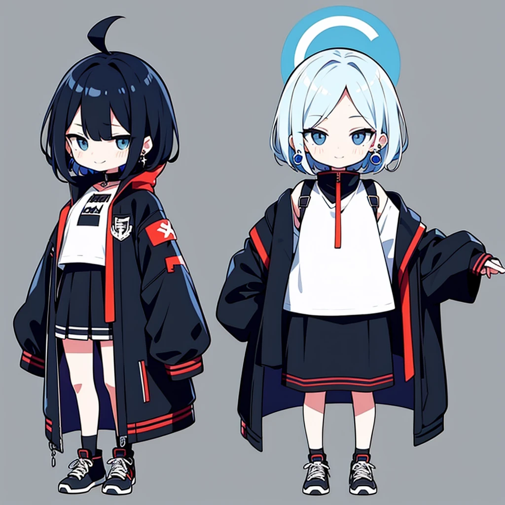 超A high resolution, Best aesthetic, Top quality depiction of the foot, Put on a jacket,  Black and blue hair on the back, Flat Avatar,  Anime visuals of cute girls, Cute art style, chibi,  Shorthair, Ahoge, is shy, A smile, hair adornments,drawing on paper,  simple background, earrings, jewely, side locks, large oval eyes,