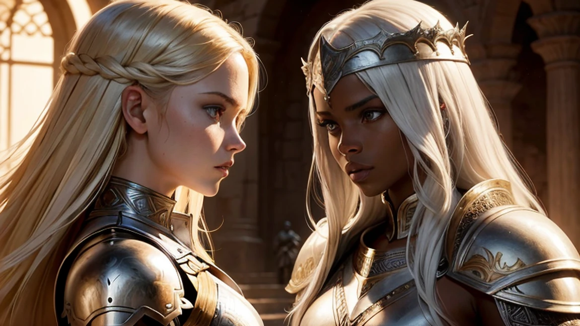 White a blond girl in white armor, an african woman with a sword, female warriors fighting, intricate detailed armor, detailed facial features, dynamic action poses, chiaroscuro lighting, rich saturated colors, fantasy medieval setting, cinematic dramatic composition