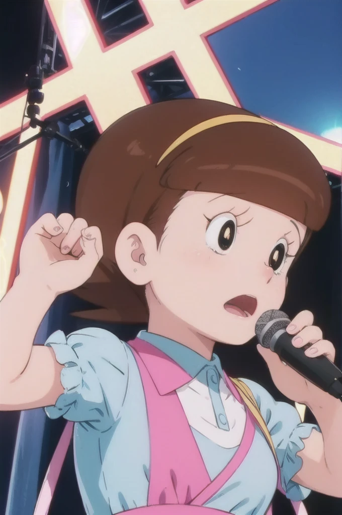 a beautiful idol girl hoshinosumire singing on stage, 1980s retro art style, 1990s style, detailed facial features, long eyelashes, detailed dress, cute expression, audience watching, best quality, 4K, 8k, highres, masterpiece, ultra-detailed, realistic, photorealistic, vivid colors, studio lighting, sharp focus, physically-based rendering, Full body image, Singing without a microphone, 5 heads, I'd like to make my breasts a little bigger.Expression full of pleasure