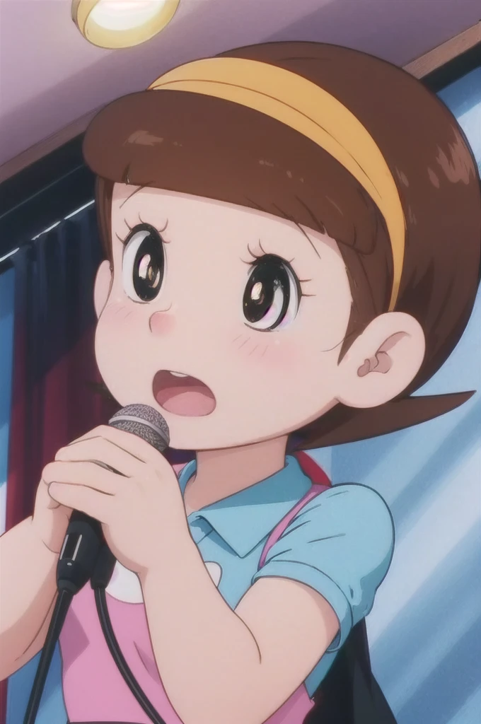 a beautiful idol girl hoshinosumire singing on stage, 1980s retro art style, 1990s style, detailed facial features, long eyelashes, detailed dress, cute expression, audience watching, best quality, 4K, 8k, highres, masterpiece, ultra-detailed, realistic, photorealistic, vivid colors, studio lighting, sharp focus, physically-based rendering, Full body image, Singing without a microphone, 5 heads, I'd like to make my breasts a little bigger.Expression full of pleasure