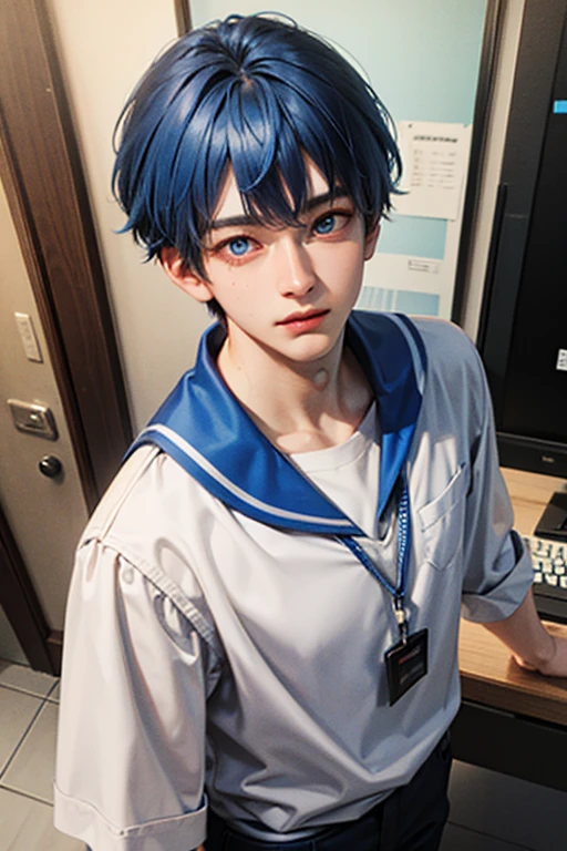 ID Photo, 1 boy, handsome, blue hair, blue eye, age 20, Short hair, 높은 퀄리티, student
