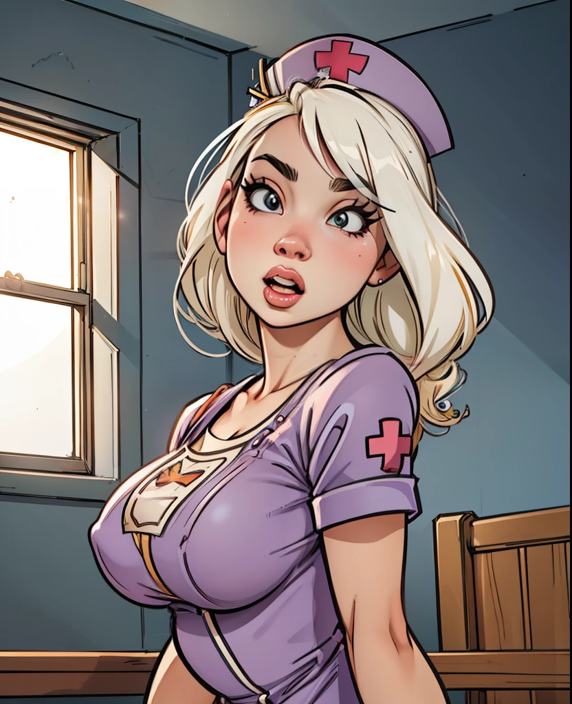 1girl, (Anya Taylor-Joy:1.2), nurse, infirmary, large breasts, taut clothes, solo, huge breasts, realistic, photorealistic, graphic novel, impossible clothes, thick lips, full lips, big lips, (surprised:1.2), (shocked:1.2), [blonde hair|silver hair], two-tone hair, shiny hair, sunbeam, god-rays, bursting breasts, ambient light, rim-light, rimlighting, backlighting, realistic, (photorealistic:1.1), (lineart:0.8)
