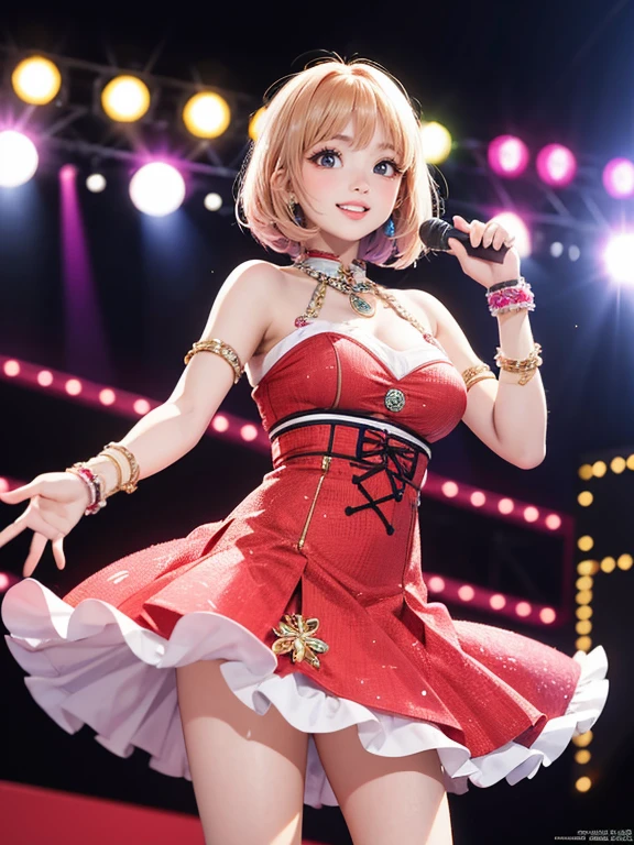 (Highest quality、 8k 、masterpiece、High resolution)、Full Body Shot、15 year old girl、Idol、Mascot Girl、Round Girl、Cute smile、Pretty lips、Light Hair Color、Long Bob、Adorable eyes、Dancing with a smile、Outdoor Stage、AKB48 Costumes、Realistic、Vibrant colors、Official Art、Detailed CG、Professional Lighting、Professional photographer、