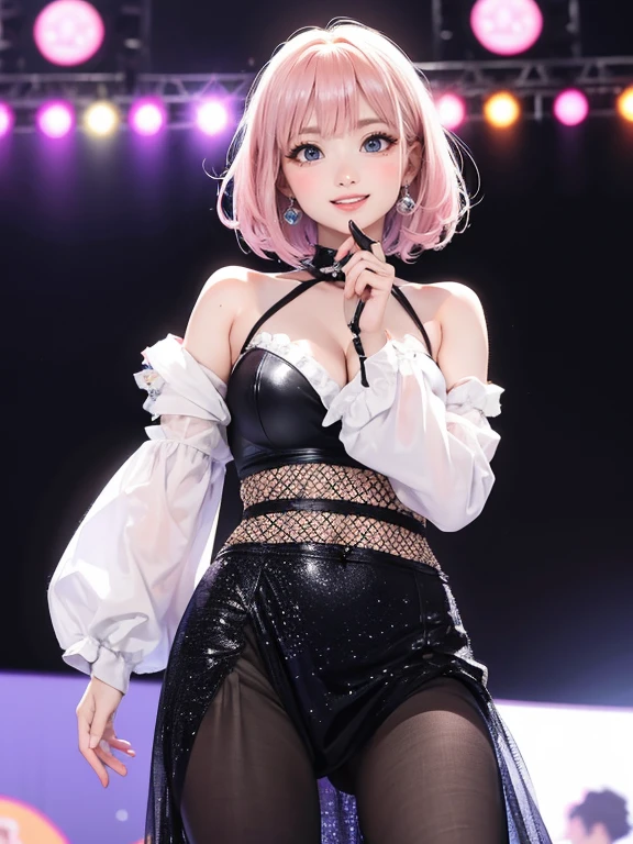 (Highest quality、 8k 、masterpiece、High resolution)、Full Body Shot、15 year old girl、Idol、Mascot Girl、Round Girl、Cute smile、Pretty lips、Light Hair Color、Long Bob、Adorable eyes、Dancing with a smile、Outdoor Stage、AKB48 Costumes、Realistic、Vibrant colors、Official Art、Detailed CG、Professional Lighting、Professional photographer、
