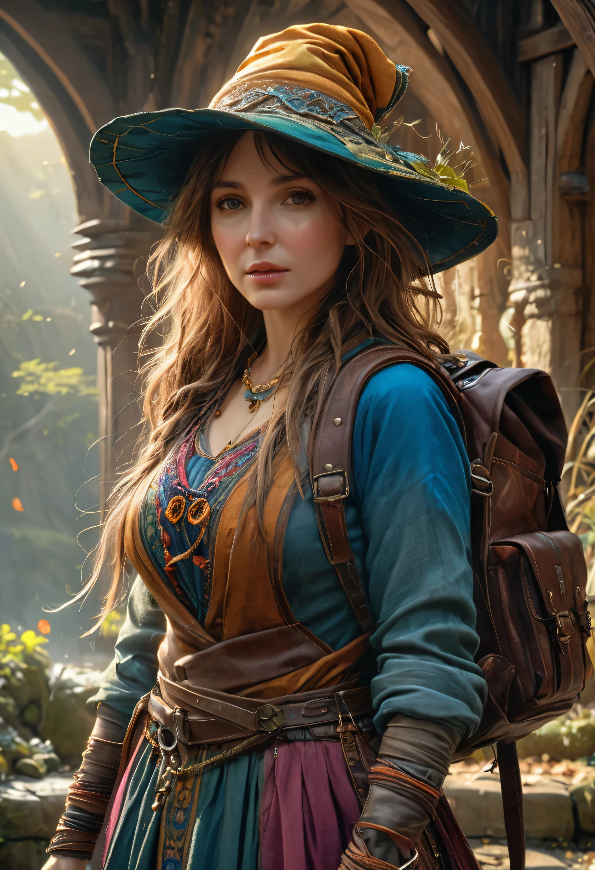 (best quality,4k,8k,highres,masterpiece:1.2),ultra-detailed,(realistic,photorealistic,photo-realistic:1.37), traveler merchant, wear backpack, satchel, weathered traveler outfit, (leather clothes), highly detailed face and body, dramatic lighting, vibrant color, detailed landscape, intricate, ethereal beauty, From Brian Froud and Carne Griffiths and Wadim Kashin and John William Waterhouse, 8K post-production, high resolution, hyperdetailed, depth of field, HDR, intricate