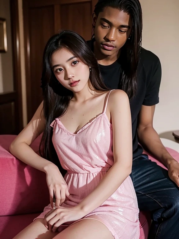 17 years old girl gf ((sit)) wearing pink dress, with black man bf in her side