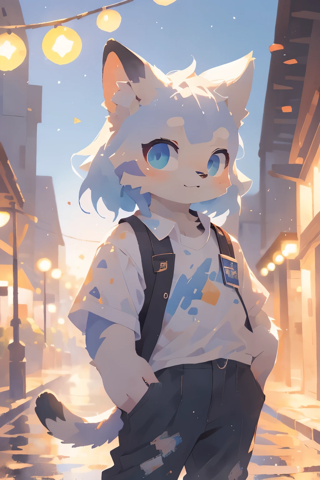 ((kemono)), white fur, white shirt, pants, cat ears, standing, blue eyes, BREAK, watercolor \(artwork\), by Hasui Kawase, detailed background, detailed foreground, depth of field, ambient silhouette, backlighting, blurred background, white background, sky, grass, plant