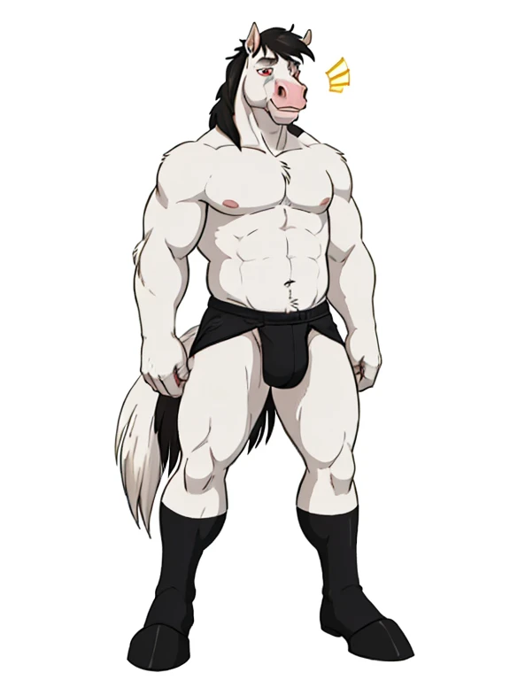 anthro ((male)) horse ((horse)) 4k, high resolution, best quality, posted on e621, solo, anthro body, male, mature male, correct anatomy, (white background), (by wfa:1), (cel shaded, cartoony shading:1.2), black lineart, black outline, flat coloring, ((fullbody)), score_9,score_8_consolation,score_7_consolation,score_6_consolation,score_5_consolation,score_4_consolation, solo anthro furry, tall horse, handsome horse, white fur, white ears, red eye, whole body