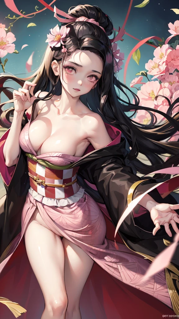 masterpiece, (pink kimono), seductive face, good lighting, décolleté, fine details, masterpiece, glowing eyes, 1girl, black hair, gag, bamboo, Nezuko Kamado, showing armpits and , half nakedllpaper. Looking from above