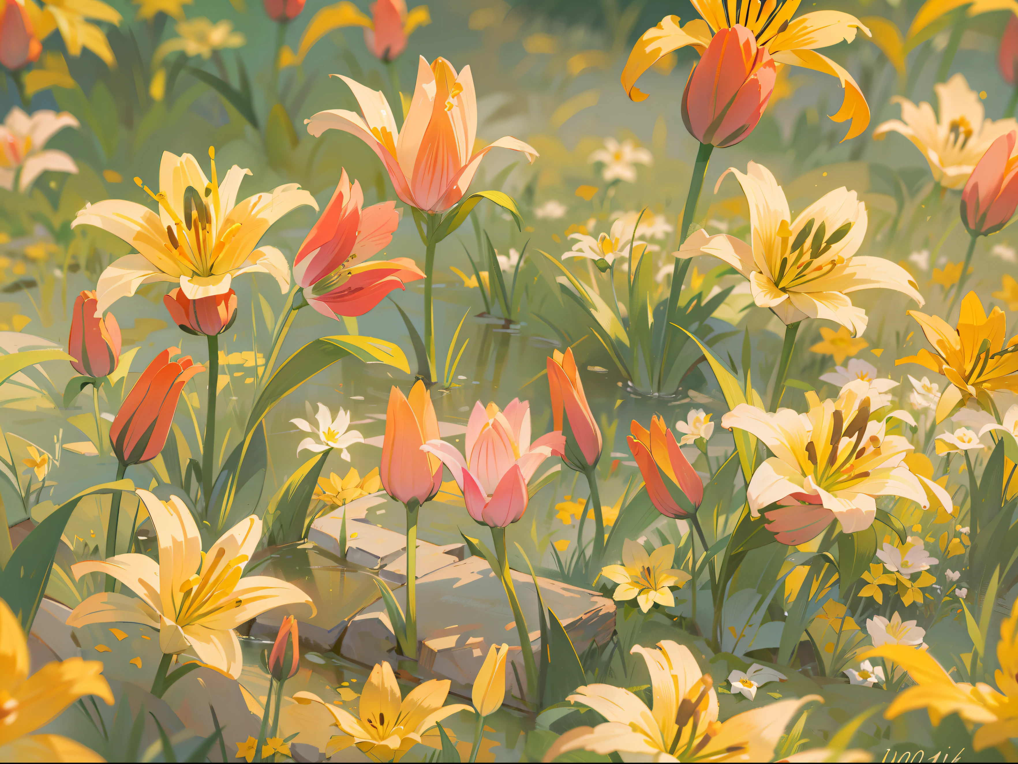 (masterpiece), best quality, ultra high res, sharp focus, long shot, meadow full of yellow lily flower, (at noon time:1.2), (warm pastel tone), detailed scenery, beautiful scenery