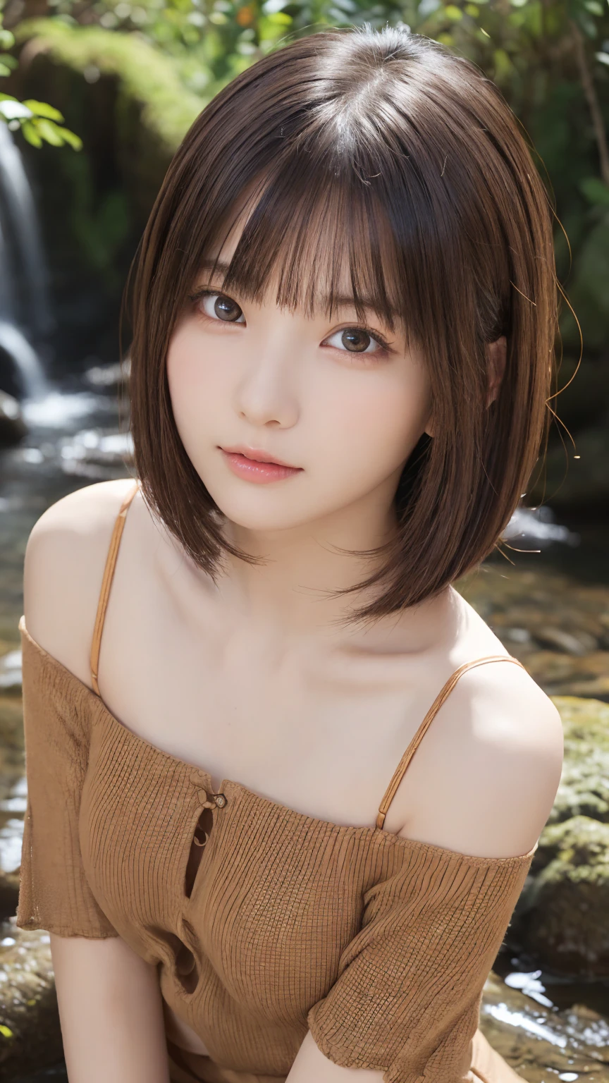 One Girl, (beautiful girl, Delicate girl:1.3), (:1.3),
break, (string、transparent、Off-the-shoulder tops:1.2),
break, (Small waterfall background:1.2),
break, Very beautiful eyes, (Symmetrical eyes:1.3),
break, (Big Breasts:1.1), Brown eyes, Parted bangs, Brown bob cut hair, Round face, cute,
break, (Eye and facial details:1.0),
break, (masterpiece, Highest quality, Very detailed, Detailed face, 8k)