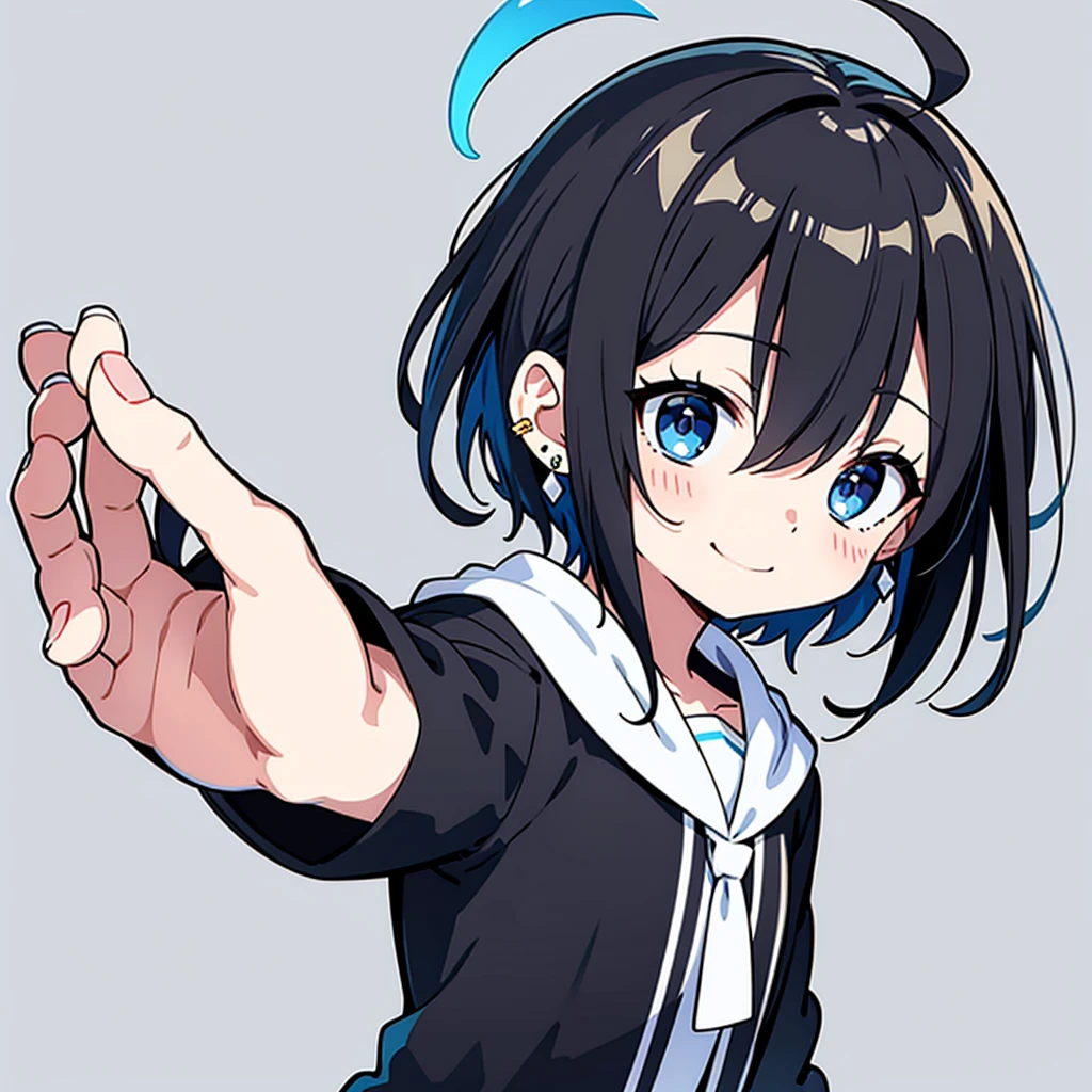 超A high resolution, Best aesthetic, Top quality depiction of the foot, Put on a jacket,  Black and blue hair on the back, Flat Avatar,  Anime visuals of cute girls, Cute art style, chibi,  Shorthair, Ahoge, is shy, A smile, hair adornments,drawing on paper,  simple background, earrings, jewely, side locks, large oval eyes,