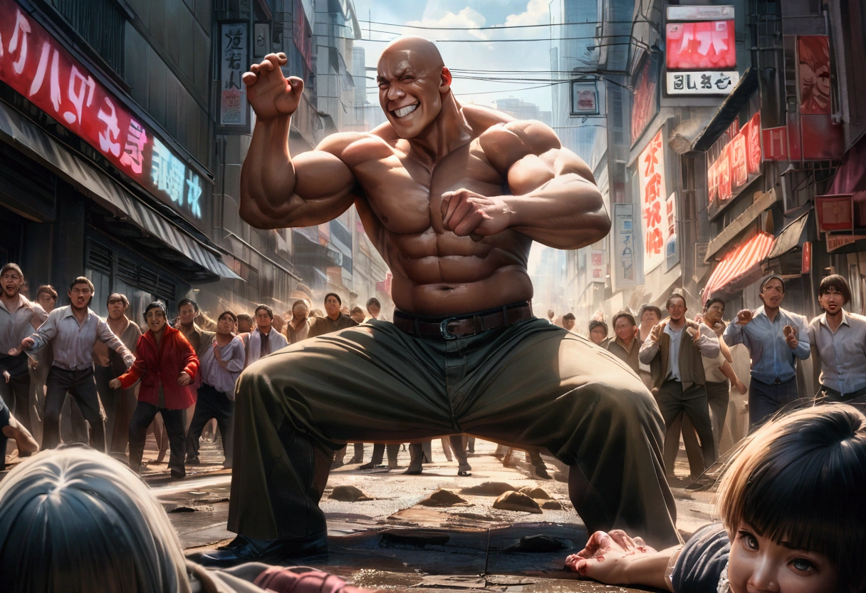 (Mad Magazine cover) A muscular bald man with a wide grin, a classic Alfred E. Newman face, in a heroic one-punch pose, the bloody remains of a monster strewn across a panicked crowd in downtown Tokyo, dynamic action, cinematic lighting, digital painting, highly detailed, 8k, photorealistic, dynamic composition, dramatic atmosphere, striking colors, vibrant (title across the top MAD)
