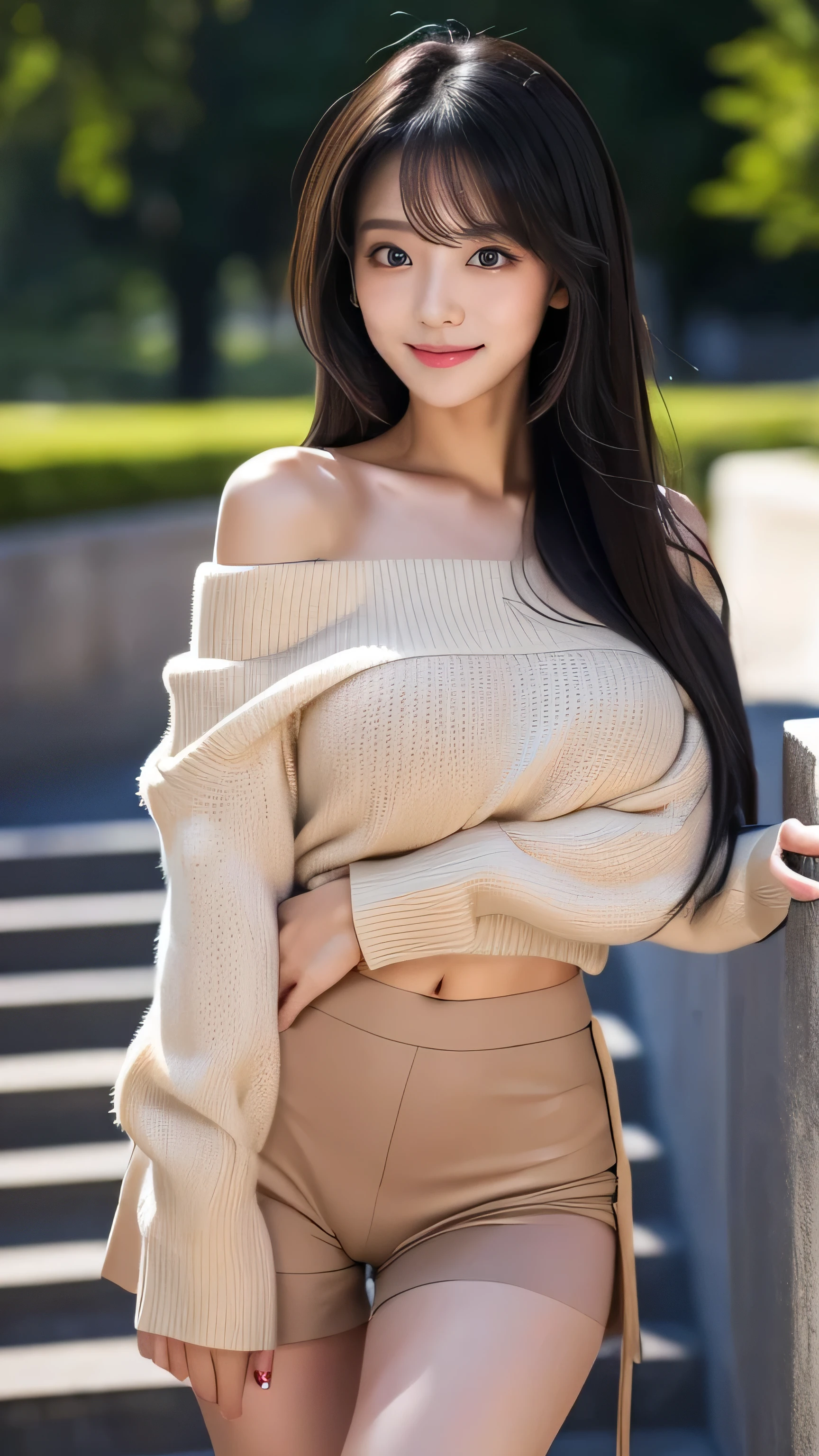 Create an ultra-realistic image of a stylish woman wearing an off-shoulder beige sweater and high-waisted black shorts. She has extremely long, perfectly straight black hair that flows down to her waist, with blunt bangs that cover her forehead. Her eyes are large, enchanting, and have double eyelids with sparkling black pupils, giving them a captivating and youthful appearance. Her face is delicate and innocent, with very thin eyebrows that frame her large, childlike eyes. She has a small mouth with sexy lips, and her skin is smooth and flawless, resembling snow in its pure white color. She has a slender and well-proportioned body with a shapely bust size of 95 cm, a height of 158 cm, a weight of 43 kg, an ideal waist size of 58.46 cm, and an ideal hip size of 86.73 cm. Her complexion is flawless, without any wrinkles, and her natural makeup enhances her features subtly, maintaining a fresh and youthful look. She embodies a perfect balance of youthful charm and mature elegance, with a cute and innocent smile that adds warmth and affection to her appearance.

The off-shoulder beige sweater has long sleeves and a slightly loose fit, giving a soft and cozy look. The high-waisted black shorts are fitted, adding a sleek contrast to the soft sweater. She is also wearing over-the-knee black boots that elongate her legs and add a fashionable touch to the ensemble. Her pose should be confident and relaxed, with her arms gently at her sides or casually positioned. The background is a minimalist, concrete wall and a staircase, giving the outfit a sophisticated and urban look. The lighting should be soft and natural, focusing on her front and emphasizing the smoothness of her skin and the chic details of her outfit, creating a sense of depth and realism.
