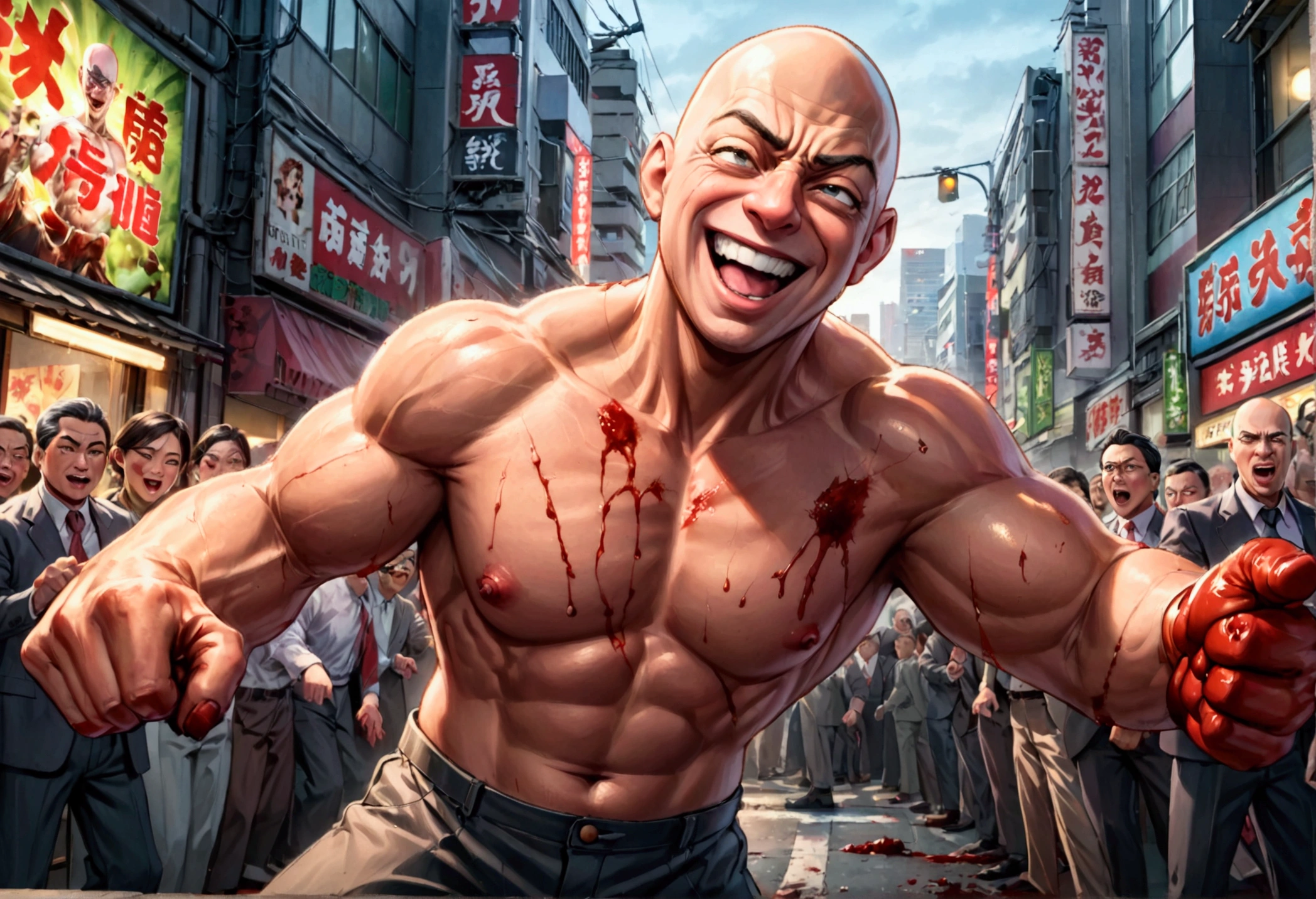(Mad Magazine cover) A muscular bald man with a wide grin, a classic Alfred E. Newman face, in a heroic one-punch pose, the bloody remains of a monster strewn across a panicked crowd in downtown Tokyo, dynamic action, cinematic lighting, digital painting, highly detailed, 8k, photorealistic, dynamic composition, dramatic atmosphere, striking colors, vibrant (title across the top MAD)