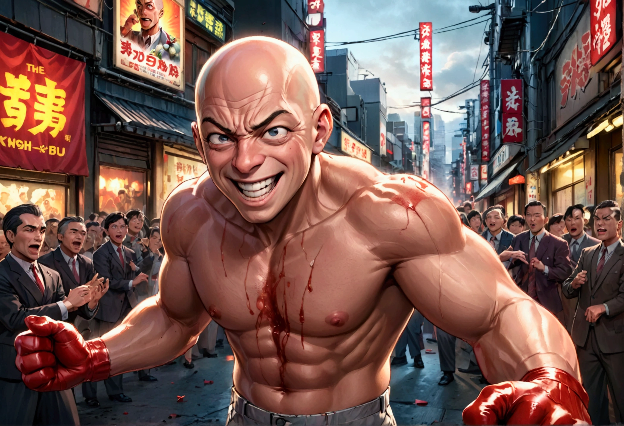 (Mad Magazine cover) A muscular bald man with a wide grin, a classic Alfred E. Newman face, in a heroic one-punch pose, the bloody remains of a monster strewn across a panicked crowd in downtown Tokyo, dynamic action, cinematic lighting, digital painting, highly detailed, 8k, photorealistic, dynamic composition, dramatic atmosphere, striking colors, vibrant (title across the top MAD)