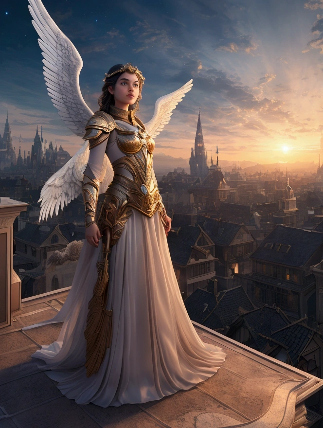 An ultra-high-quality, photo-realistic image of a young Angelical figure standing on her home rooftop, gazing at the sky. The buildings and houses around her are normal and realistic, but the sky is transformed into a grand, planetarium-like scale, filled with fantastical and enchanting elements, as if it’s a virtual reality space. The sky should evoke a sense of wonder and twilight, making the scene incredibly moving and magical. Ensure there is no text in the image.