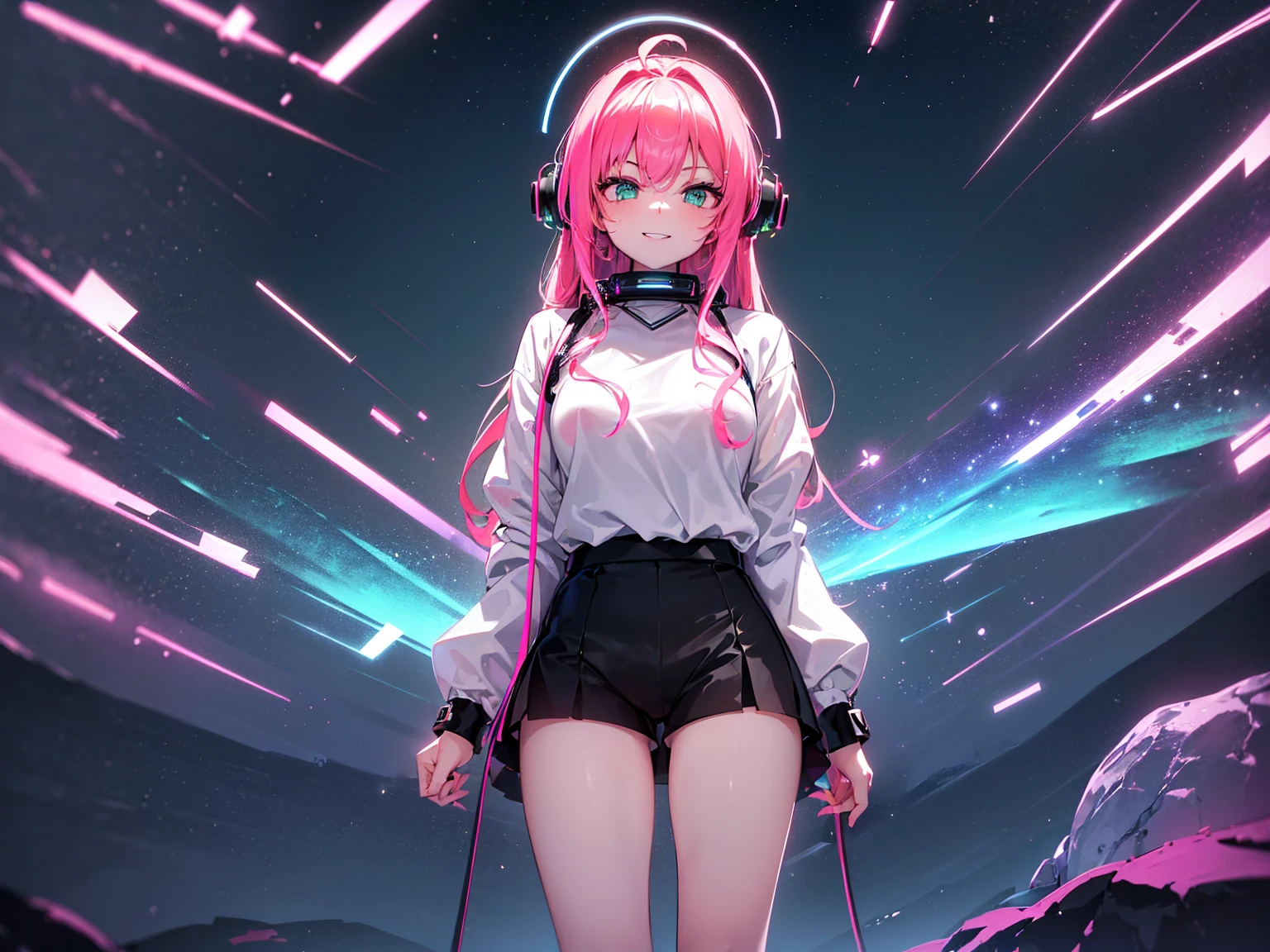 work of art:1.4, 1 girl ((20 years old, dress with long sleeve shirt, Tight black shorts, tennis, medium breasts, multicolored pink hair, curly longhair, greeneyes:1.4, Wearing Headphones, glad, smiling, close up, floating in outer space:1.1 galaxy and earth in the background:1.1, neon and energetic atmosphere:1.2)) ((night time)) ((standing alone:1.6))