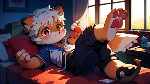 intermittently,masterpiece,High resolution,8k,detailed background,high quality,intermittently,intermittently,(light orange fur,by white,black sclera,furry的毛皮,Fine hair)) furry, inside, muscular, horny boy, toy doll, shorter pants, swim pants, Abyss,((At the bottom of the sea, playa, Play with water, swim, Diving,float)), alone,sailor suit,Lying on the bed,behave spoiled,shy blush