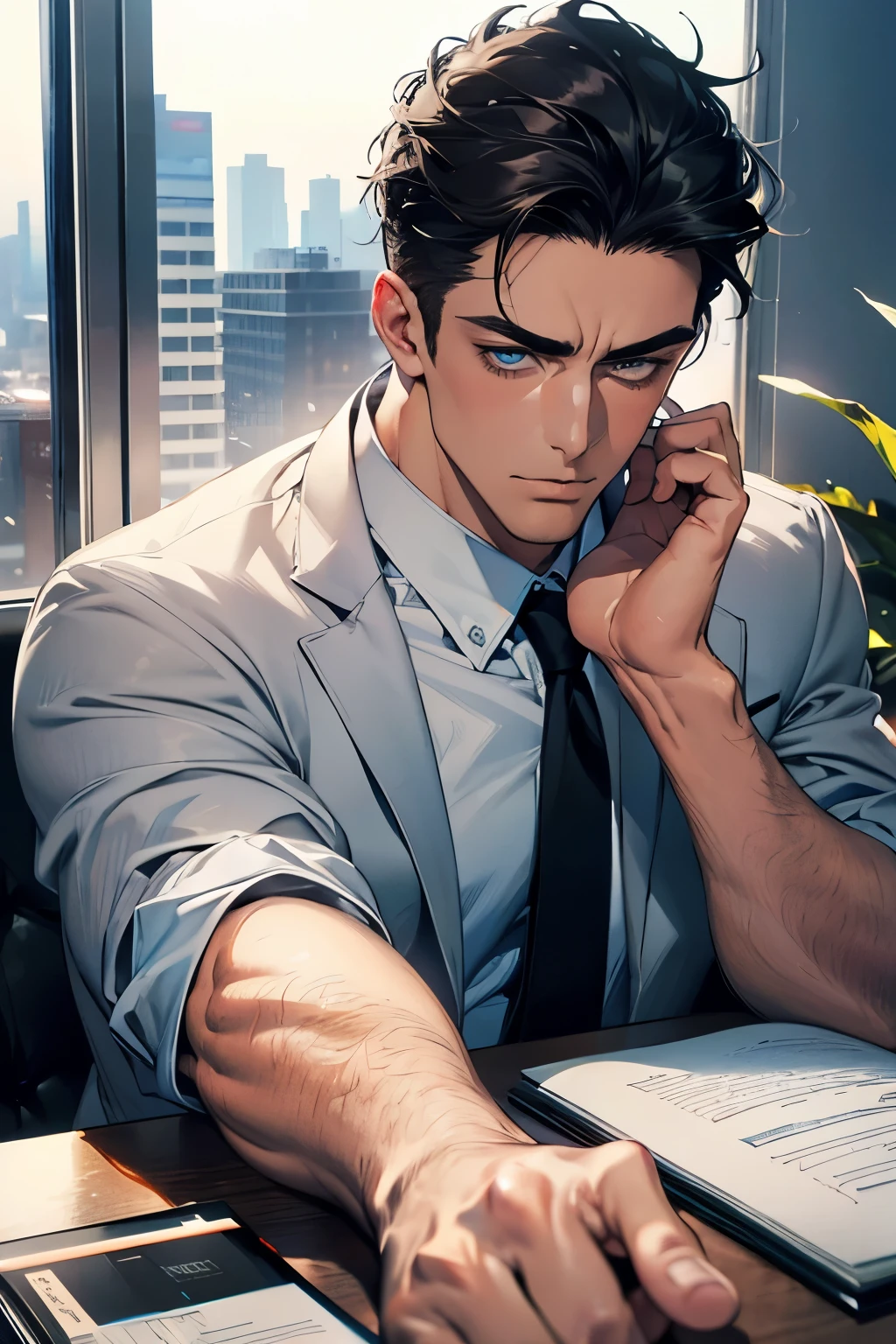 (Best Quality,4k,8k,high resolution,Masterpiece:1.2),ultra detailed,(realist,photorealist,photo-realist:1.37),1 man,31 years,mature man,very handsome,without expresion,muscled body,short gray black hair,Blue eyes,glare,perfect face without mistakes,imposing posture,businessman,office background,cinematic lighting,imagen HDR
