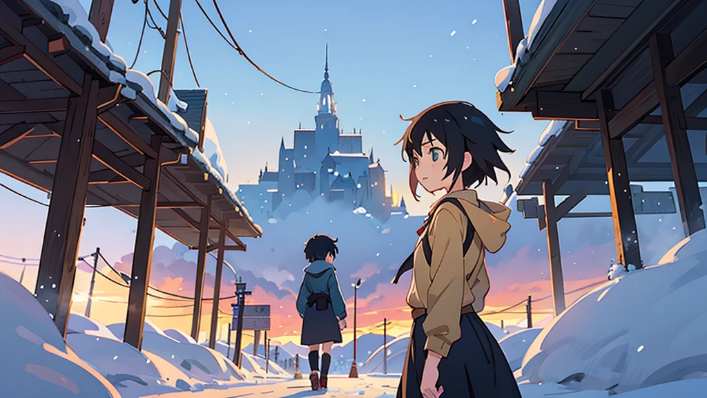 1 girl, watching a group of young men walk away in a town, White snow, an image of Makoto Shinkai, girl with sad face, day landscape trend on pixiv, conceptual art, guweiz style artwork, Guweiz and Makoto Shinkai, Sakimichan and Makoto Shinkai, ( ( Makoto Shinkai ) ), in the snow, beautiful anime scene Kawai design, body details