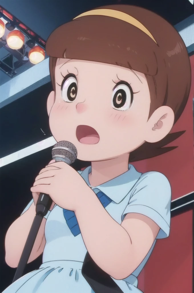 a beautiful idol girl hoshinosumire singing on stage, 1980s retro art style, 1990s style, detailed facial features, long eyelashes, detailed dress, cute expression, audience watching, best quality, 4K, 8k, highres, masterpiece, ultra-detailed, realistic, photorealistic, vivid colors, studio lighting, sharp focus, physically-based rendering, Full body image, Singing without a microphone, 5 heads and a good figure, I'd like to make my breasts a little bigger,Expression full of pleasure,